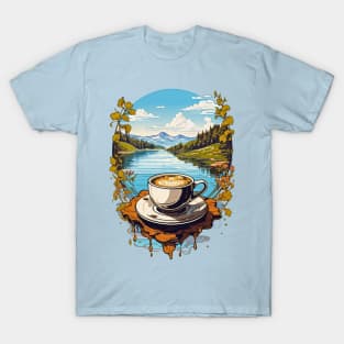 Coffee Cup with a Mountain Lake view design T-Shirt